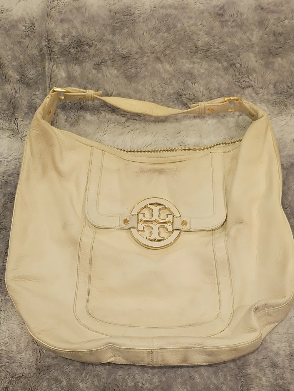 Tory Burch Cream Leather Shoulder Hobo with Gold Logo